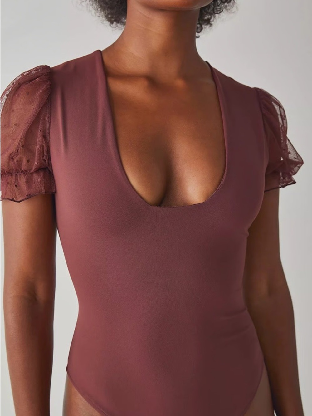 Free People V-Neck Sheer Puff Sleeve Bodysuit - Mauve